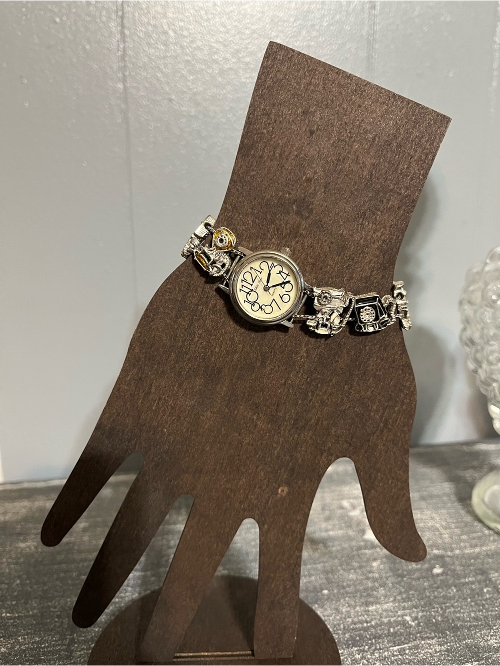 Vintage-Inspired Silver Charm Watch Bracelet - Cream Dial